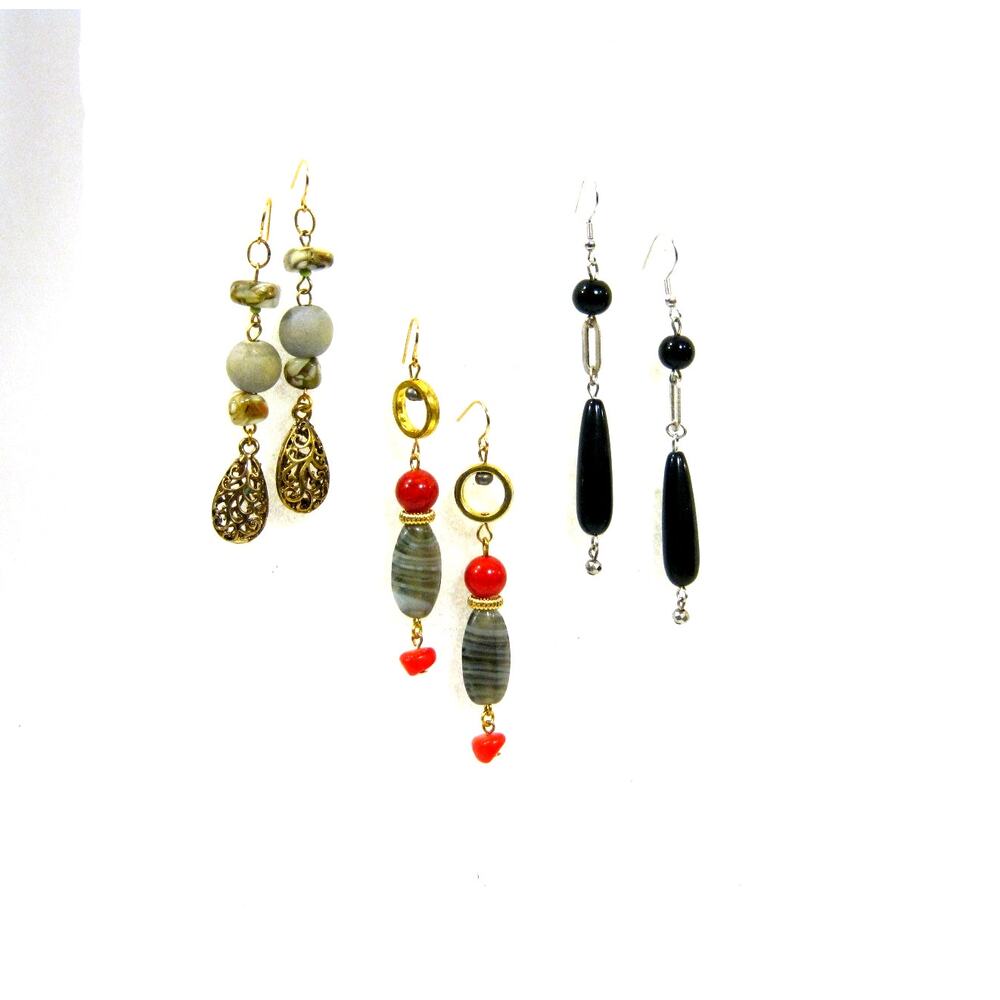 Set of Handcrafted Long Drop vintage Beaded Gemstone Accent Dangle Earrings 2in